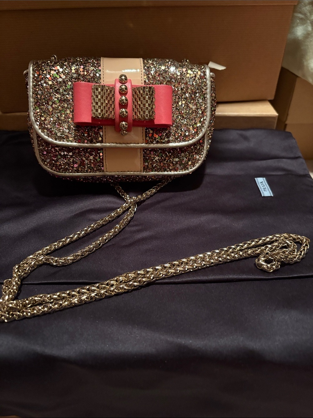 Christian Louboutin Glitter Bow Crossbody Bag in Pink and Gold